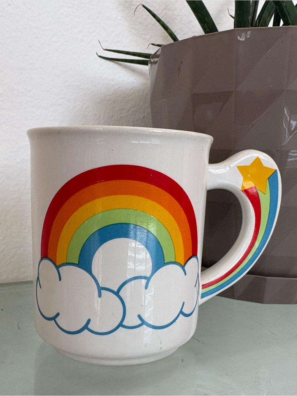 Vintage 80s The Love Mug Colorful Rainbow Ceramic Mug with Star Handle